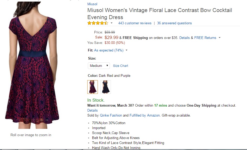 MIUSOL Women's Vintage Floral Lace Contrast Bow Cocktail Evening Dress, Dark Red and Purple, Medium