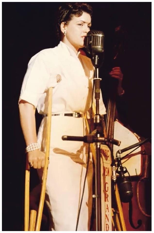 Patsy Cline in crutches, after his car accident in