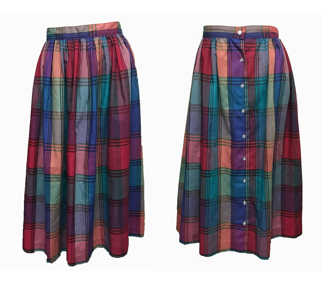 Pastel plaid pink blue button up VTG maxi full swing skirt Small excellent
