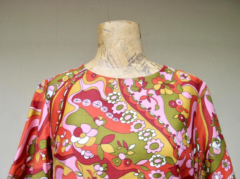 Vintage 1960s Blouse, 60s Psychedelic Cotton Sateen Top, Medium