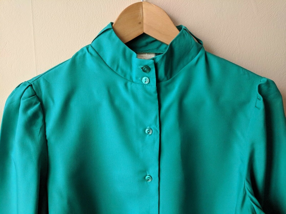 80s vintage jade green blouse 12-14 14 secretarial business shirt