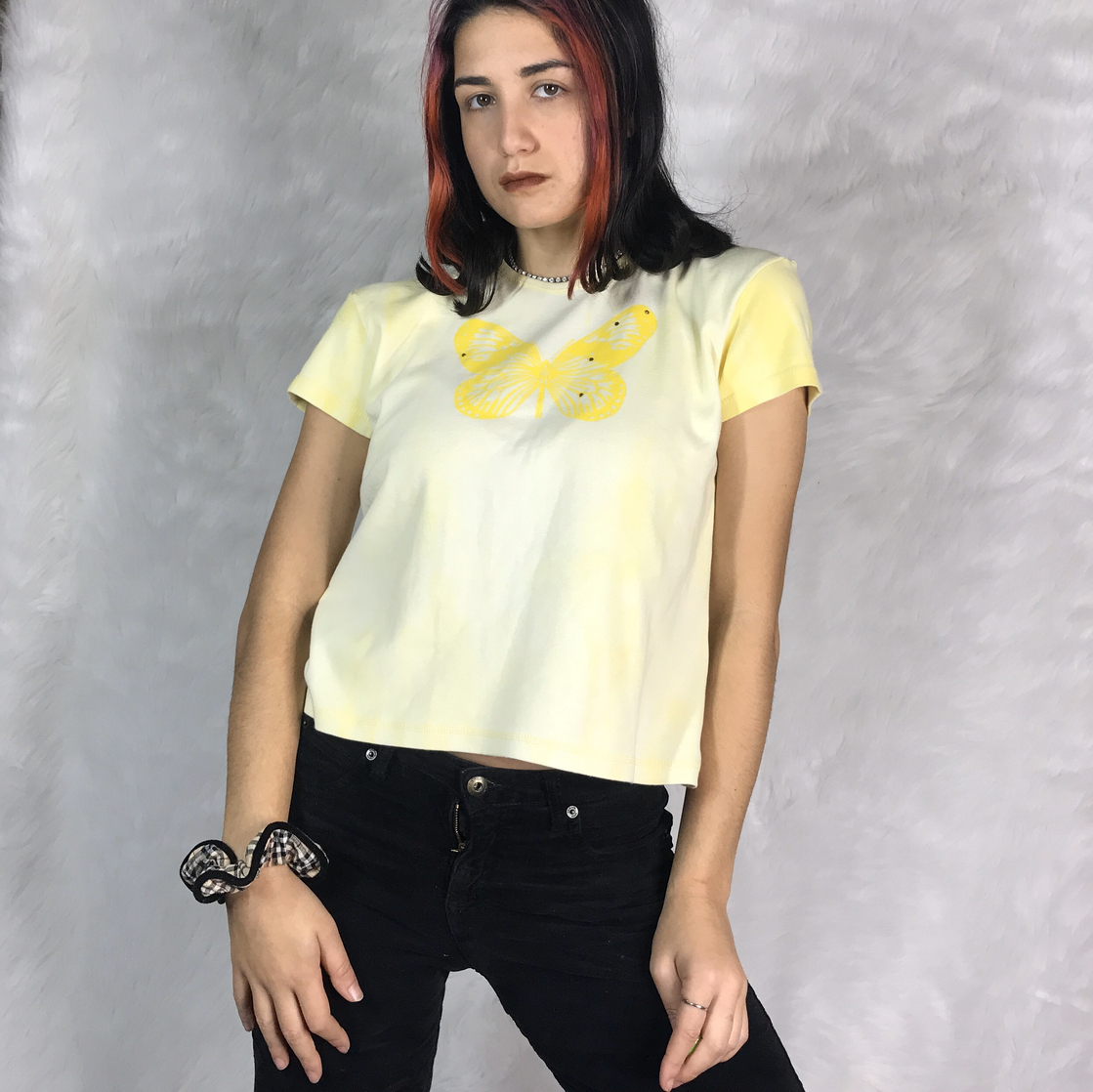 Vintage Y2K 00s yellow tie dye butterfly top with rhinestones