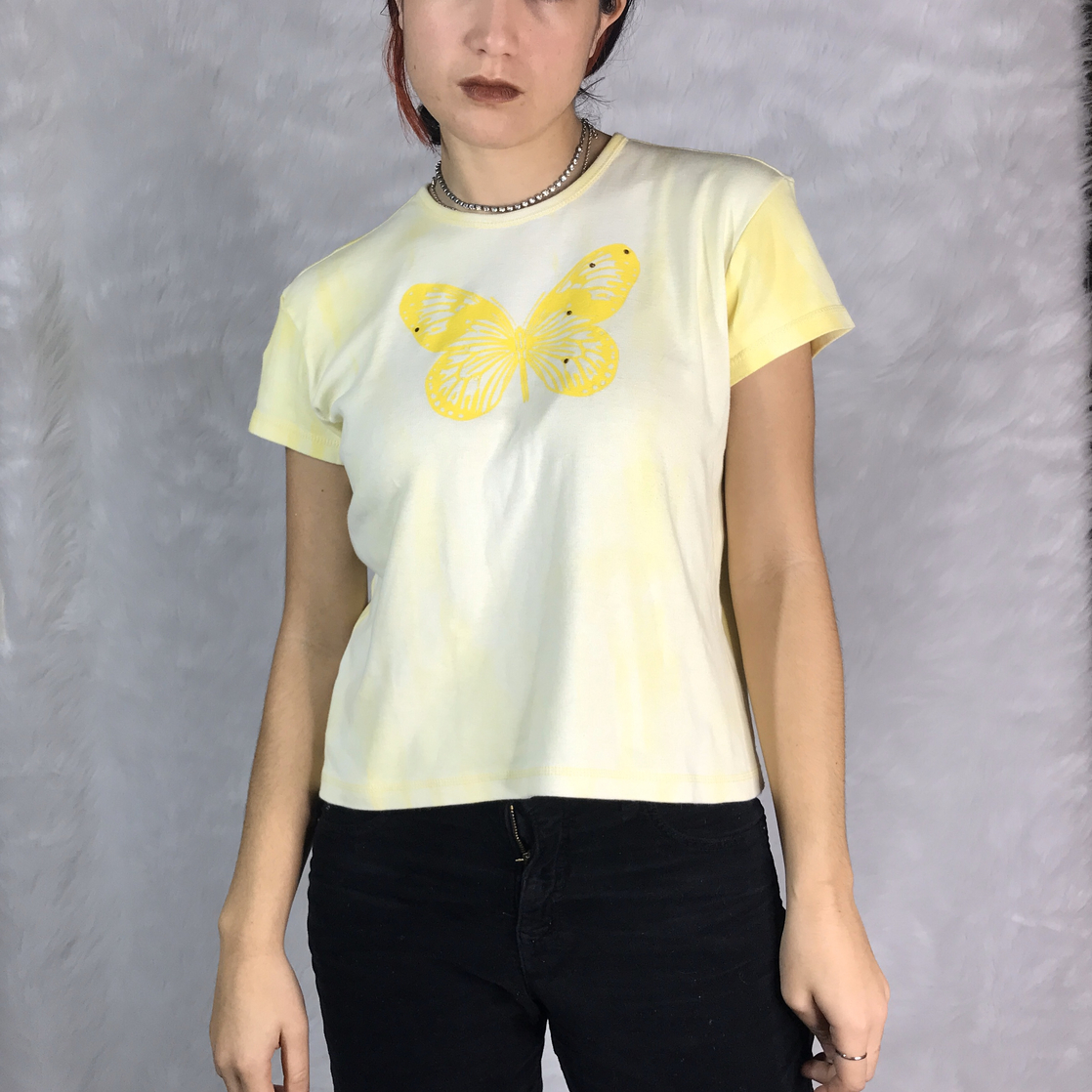 Vintage Y2K 00s yellow tie dye butterfly top with rhinestones