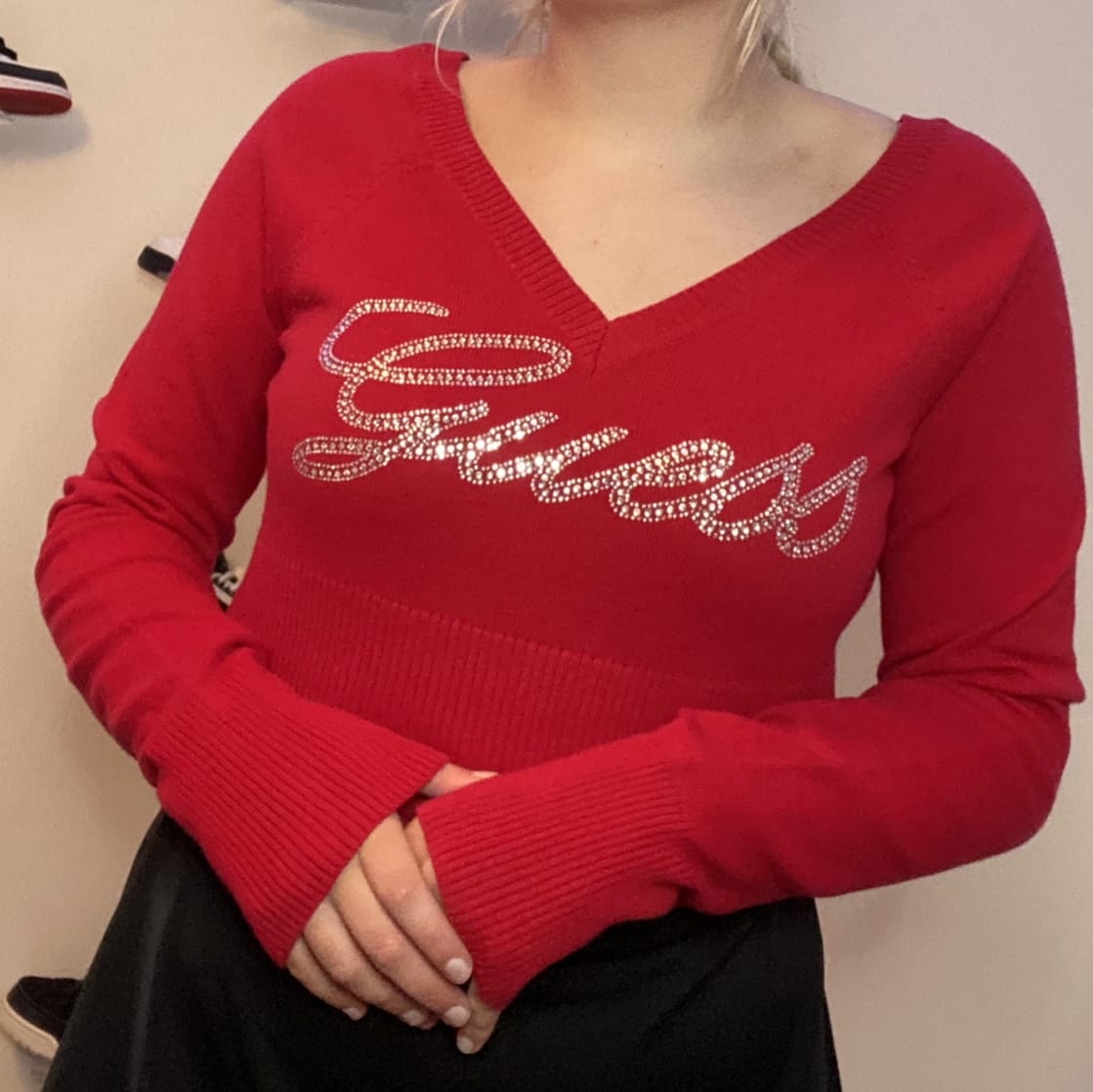 vintage red rhinestone guess sweater!!\nmarked as...