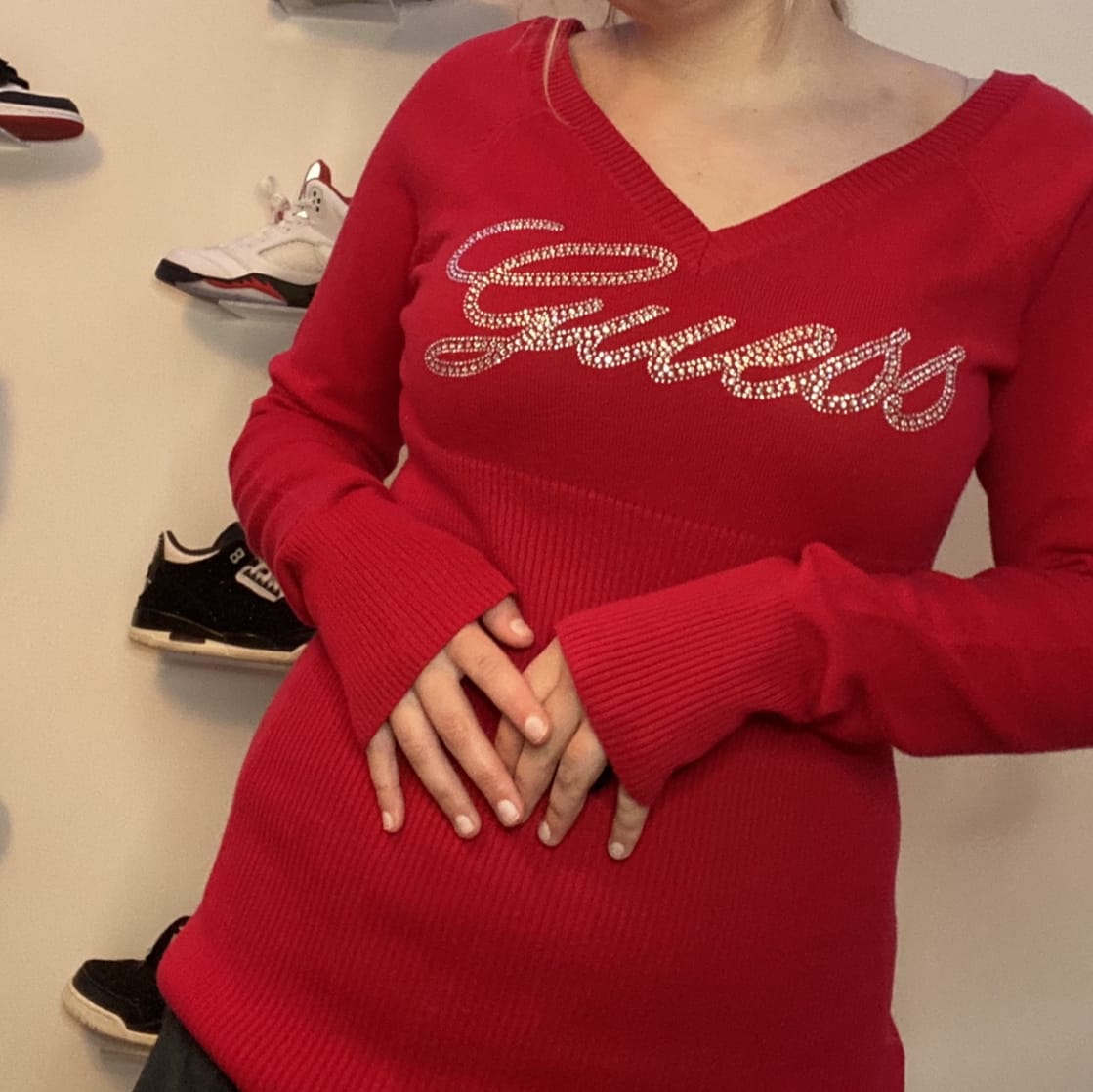 vintage red rhinestone guess sweater!!\nmarked as...