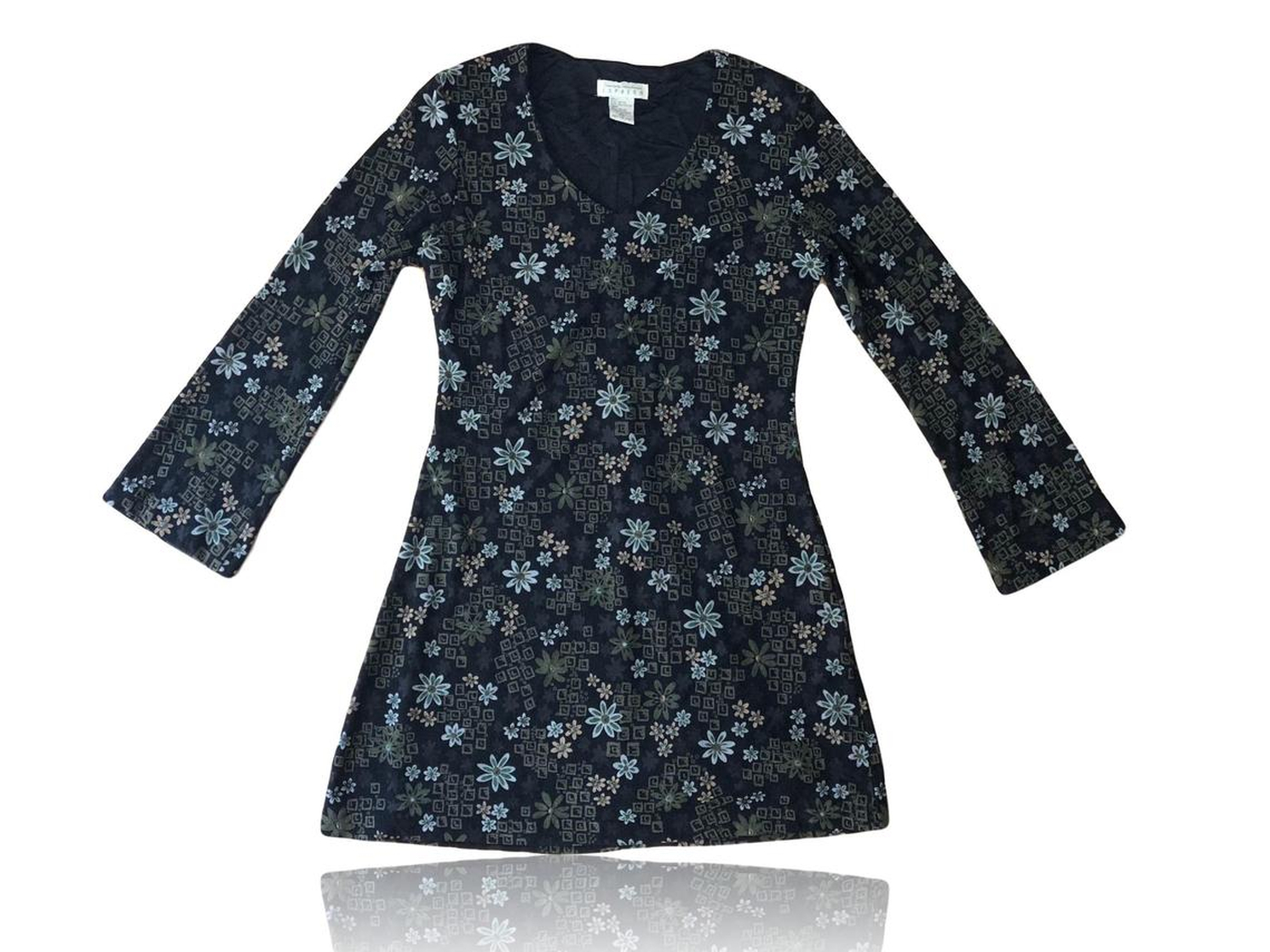 90s Long Sleeve Floral A-Line Dress // XS / Small // 70s Style