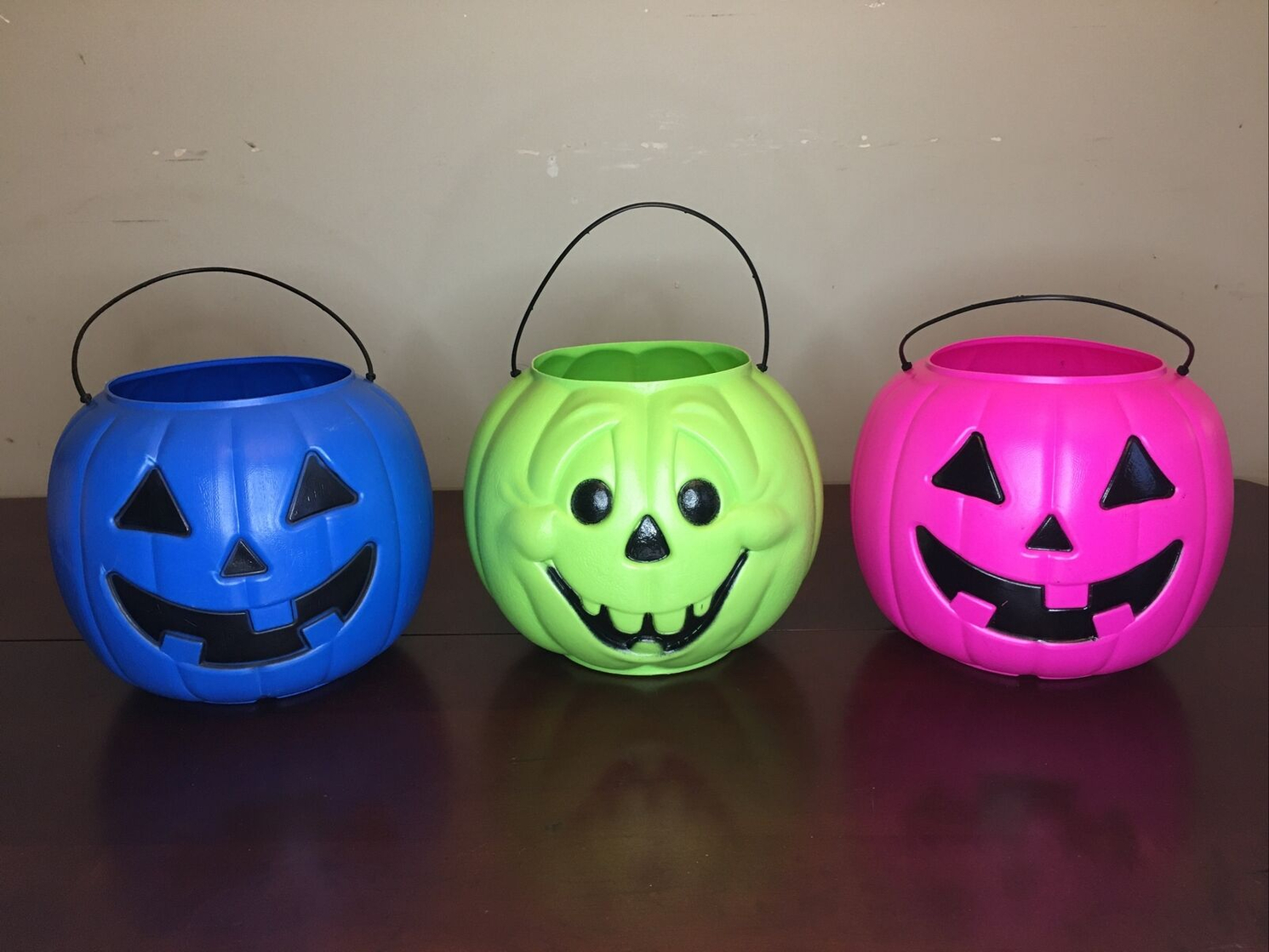 Lot of 3 General Foam Plastic Vtg Halloween Pumpkin Pail Jack O Lantern Buckets