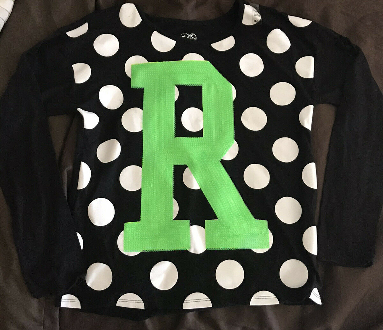 Justice Girl’s Sz 12/14 Initial R Shirt Top Black/white Green Sequined