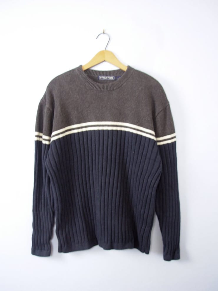 Picture of Vintage 90's grunge sweater, navy blue and grey ribbed knit ...
