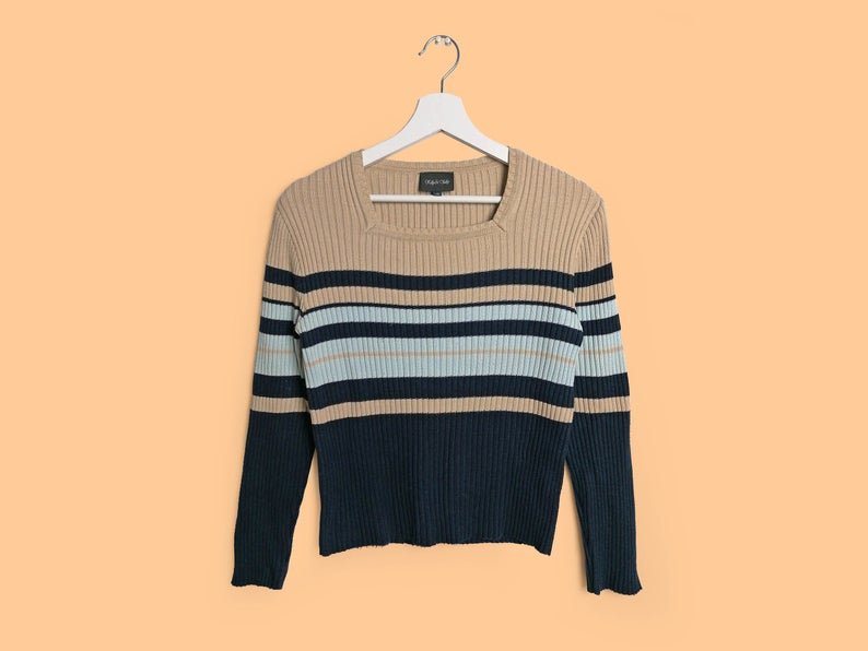 Vintage 90's Ribbed Knit Square Neck Striped Jumper/ Sweater