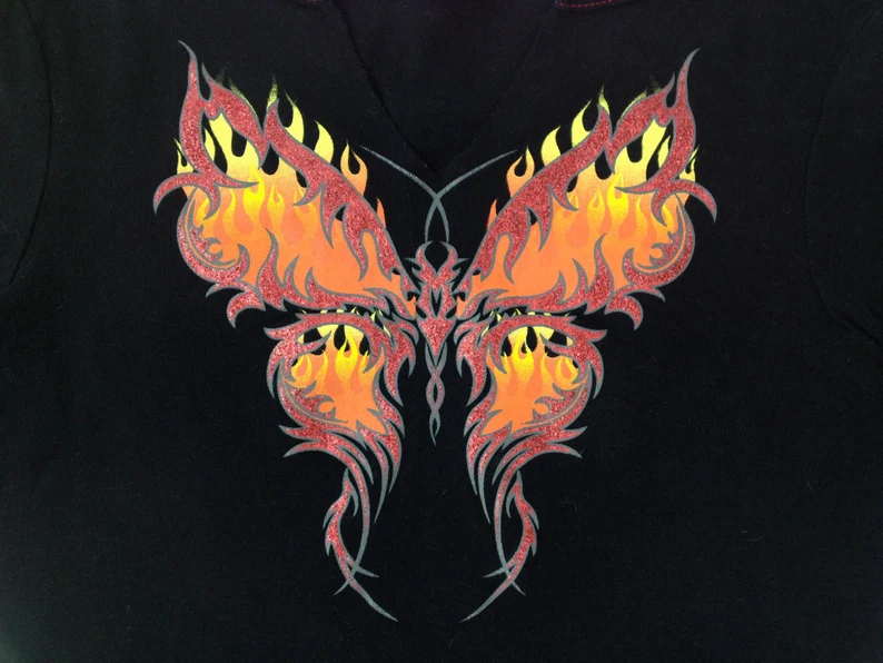 90's Tribal Cyber Flame Butterfly Sleeve Long Sleeve Top // M