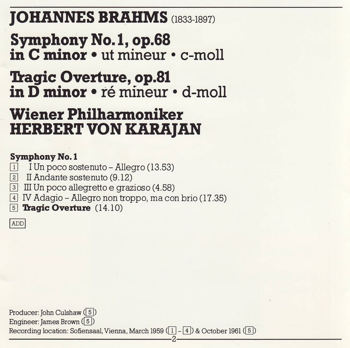 Brahms: Symphony No. 1 & Tragic Overture