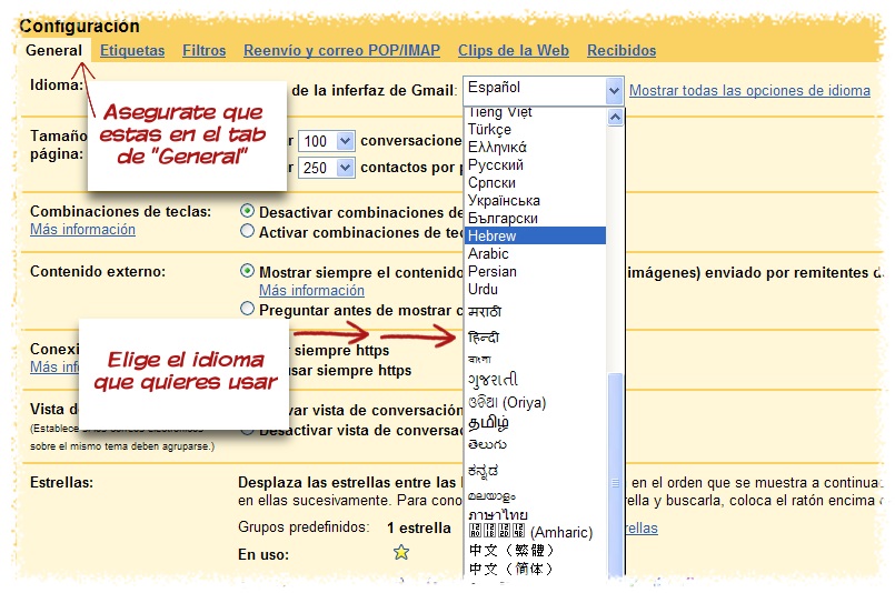 Cambiar el idioma de la interfaz de Gmail hasta es