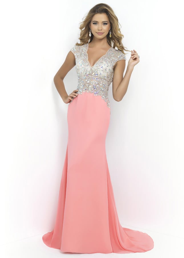 Image of 2015 Blush 9928 Coral Pink Beaded Illusion Bodice Long Prom Dress