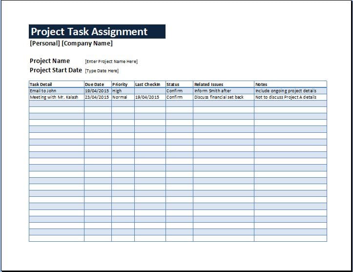 Project Task Assignment Sheet